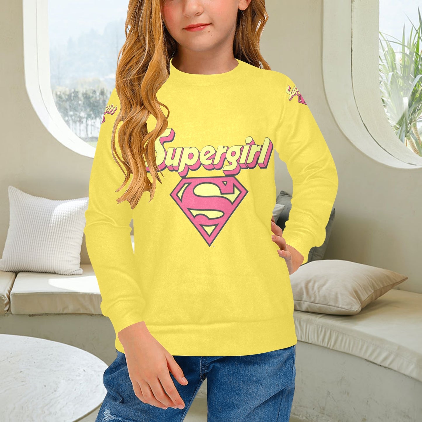 SUPER GIRL PRINT DESIGN YOUNG GIRL'S SWEATERS- Girls Super Girl Print Crew Neck Sweater