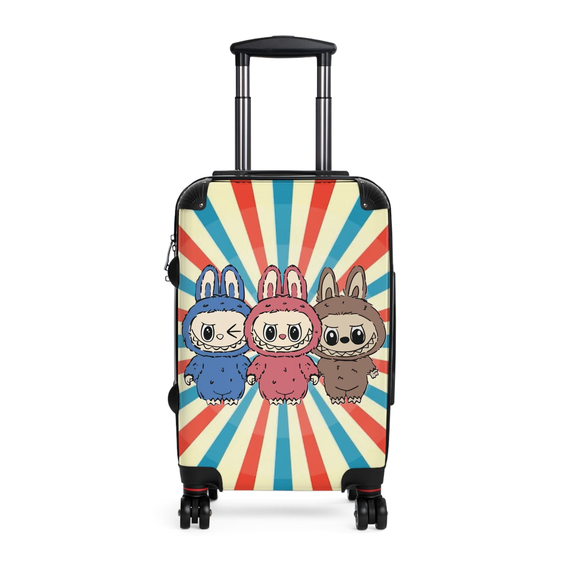 Suitcase with cartoon characters on a colorful background
