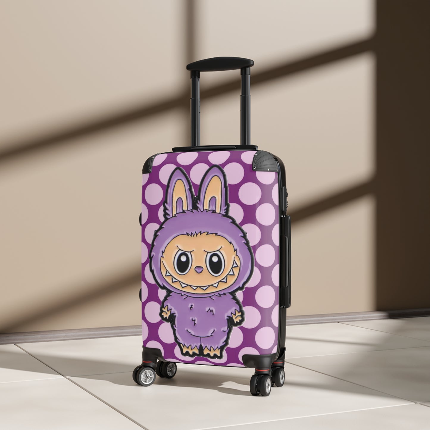 Luggage with a cartoon character design on a beige floor