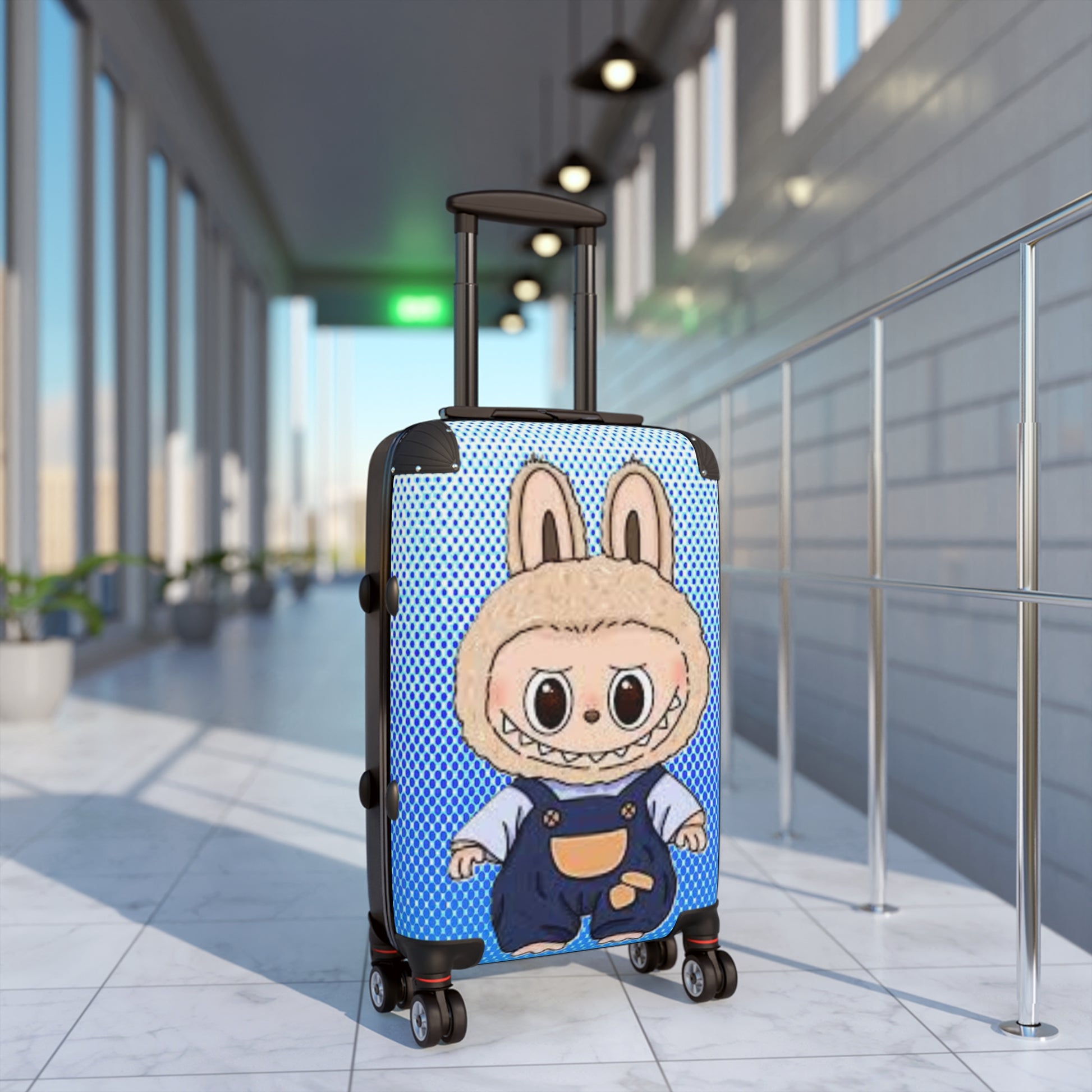 Luggage with a cartoon character design in an airport setting