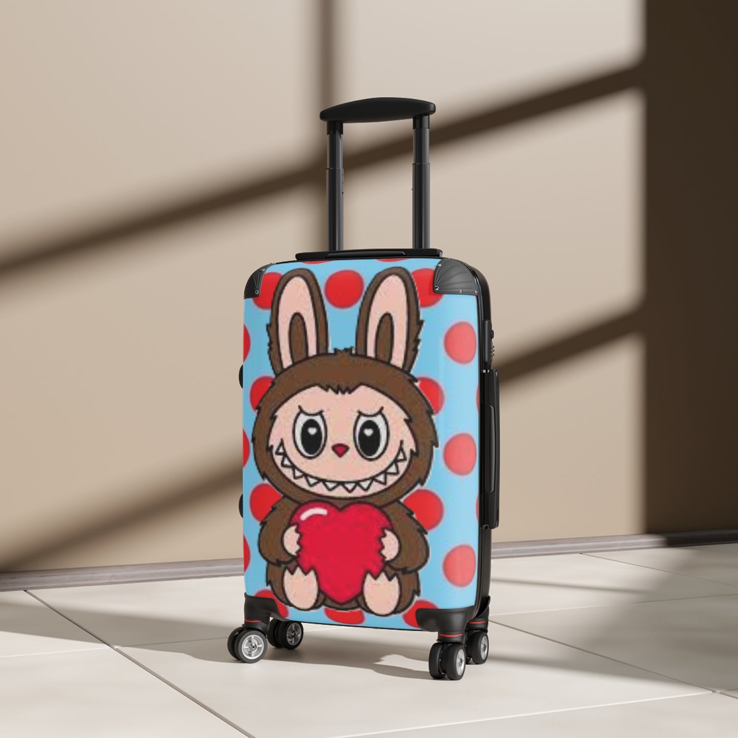 Luggage with a cartoon character design on a beige floor