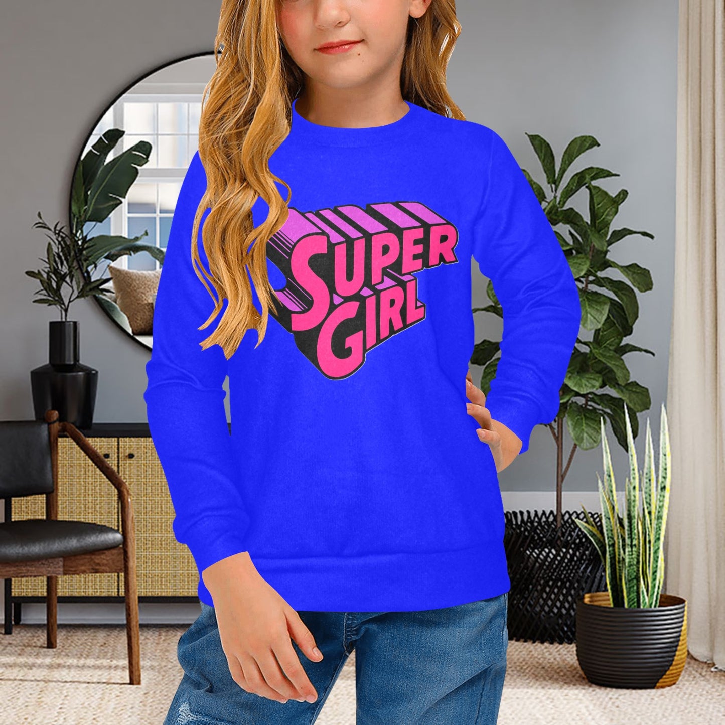 SUPER GIRL PRINT DESIGN YOUNG GIRL'S SWEATERS- Girls Super Girl Print Crew Neck Sweater