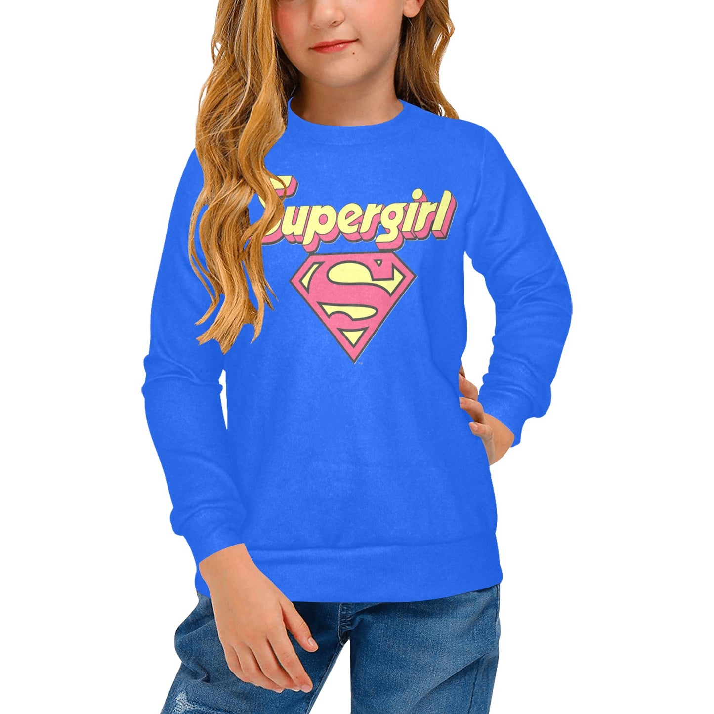 SUPER GIRL PRINT DESIGN YOUNG GIRL'S SWEATERS- Girls Super Girl Print Crew Neck Sweater