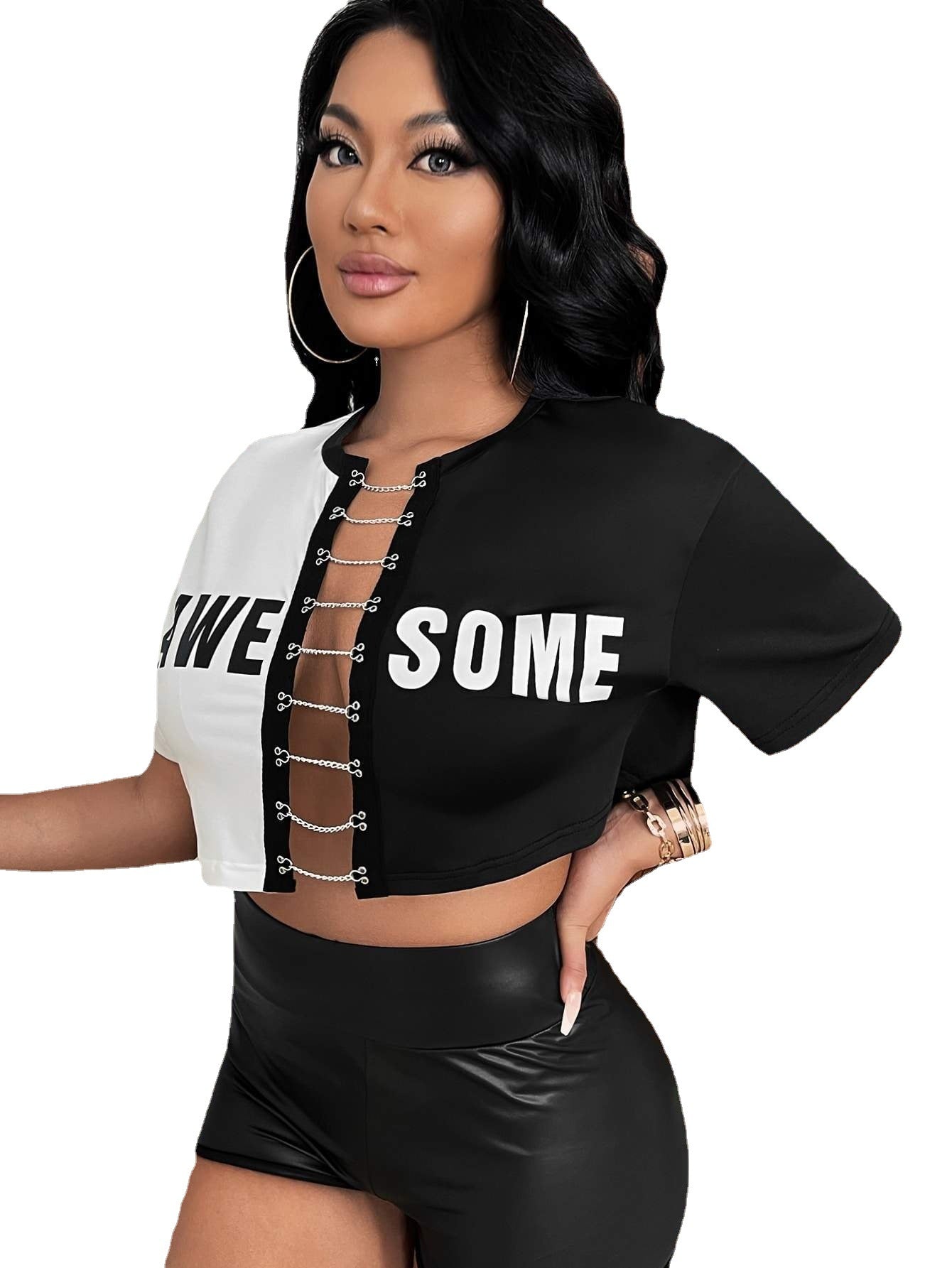 New women's Fashion Letter Cardigan T-shirt selling round neck color chain shirt