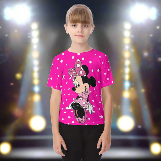 Child wearing a pink t-shirt with Minnie Mouse design on a white background