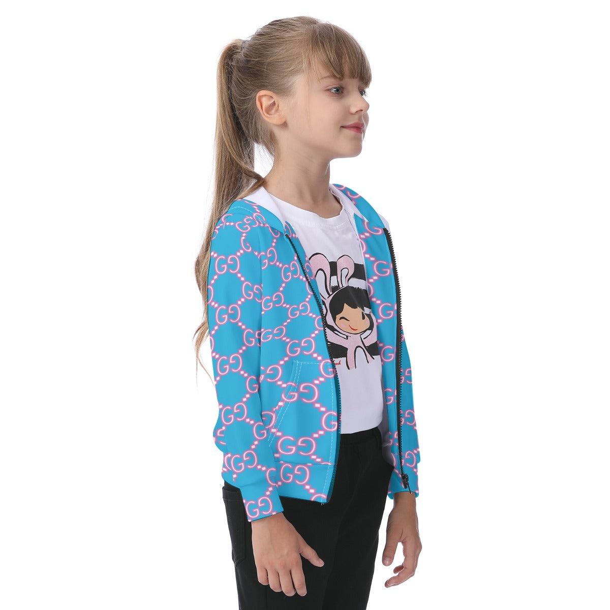 KSC's Exclusive Designs Kid's Baby Blue Infinity Pattern Zip-up Hoodie With Patch Pocket