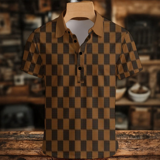 Brown checkered shirt on a wooden hanger with a blurred background