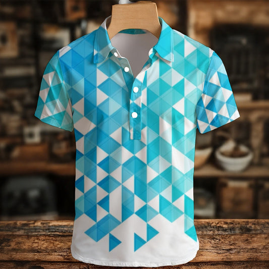 Blue and white geometric patterned shirt on a wooden hanger against a blurred indoor background