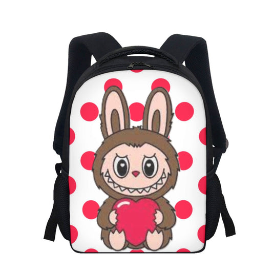 Backpack with cartoon character holding a heart on a white background