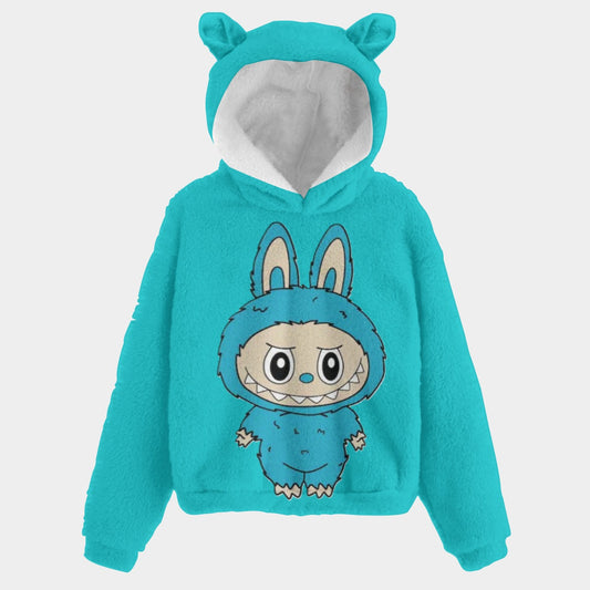 Turquoise hoodie with cartoon character on a light gray background