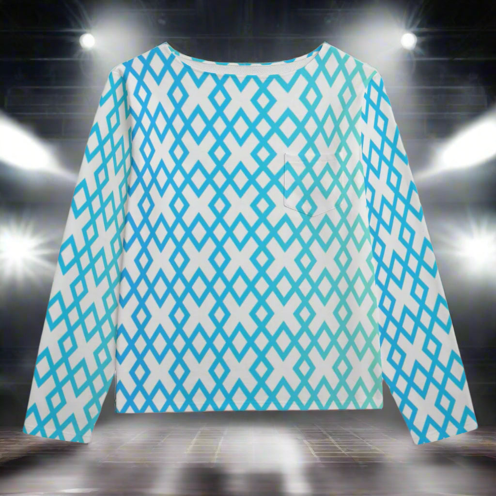 Blue and white patterned long-sleeve shirt on a white background