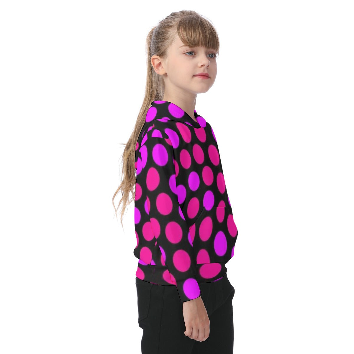 KSC's Exclusive/Custom- Young Girl's Hoodies-Black w/Hot Pink Polka Dots- Oversized Kid's Hoodie