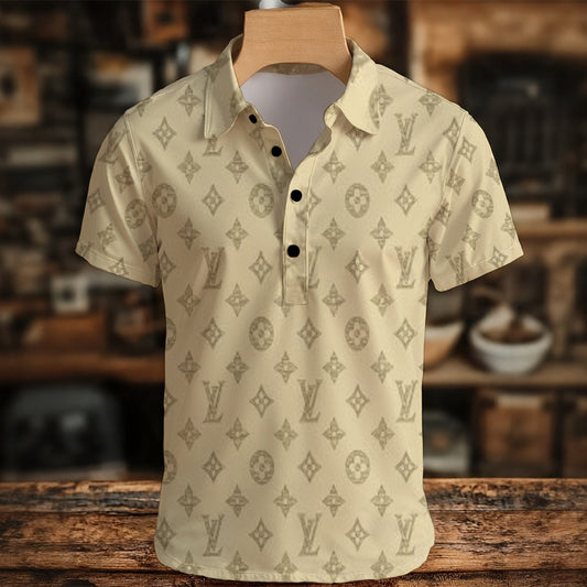 Beige patterned shirt on a wooden hanger with a blurred background