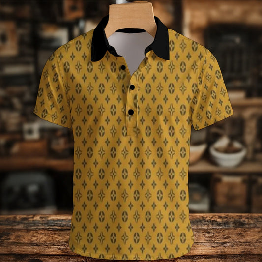 Yellow patterned polo shirt on a wooden hanger with a blurred indoor background