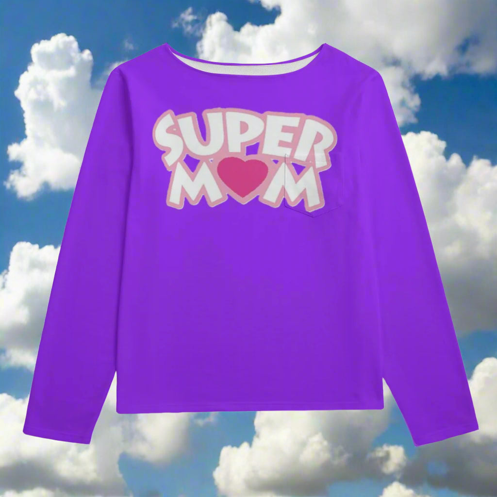 Purple long-sleeve shirt with 'Super Mom' text on a white background