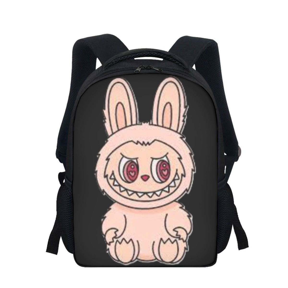 Black backpack with a cartoon bunny design on a white background