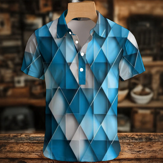 Blue geometric patterned shirt on a wooden hanger with a blurred indoor background