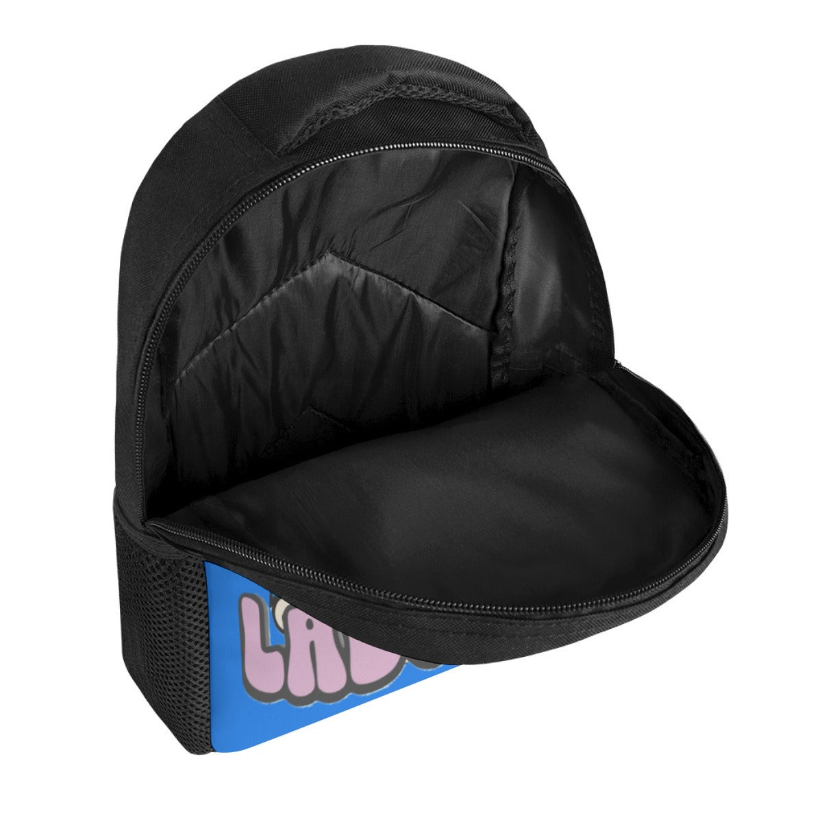 Black backpack with a colorful logo on a white background