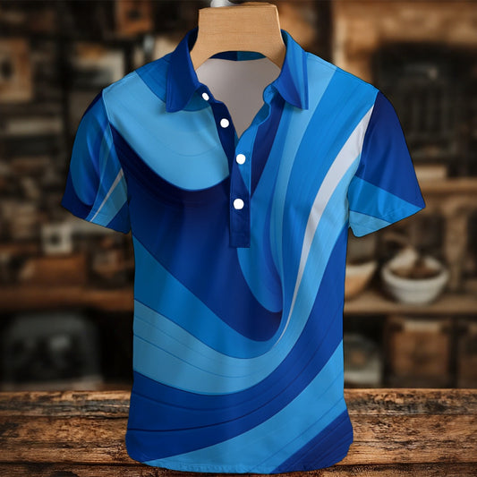 Blue and white striped polo shirt on a wooden hanger with a blurred background