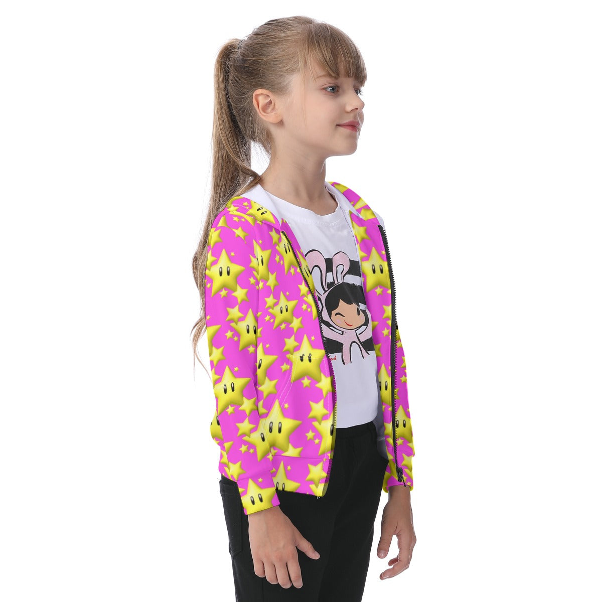 KSC's Exclusive Design Kid's Pink Mega Star Zip-up Hoodie With Patch Pocket
