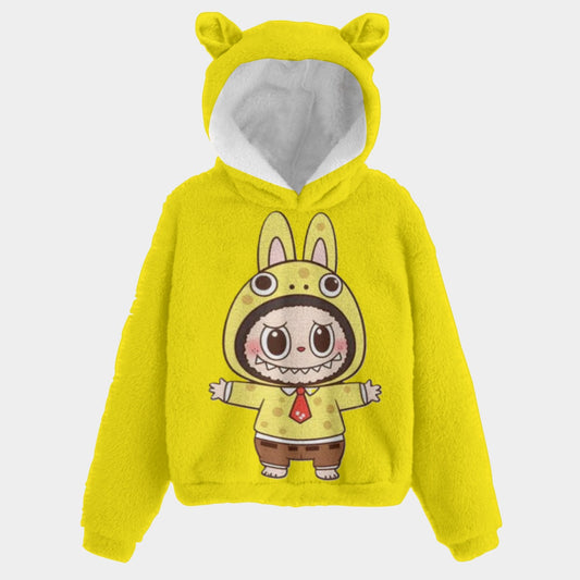 Yellow hoodie with cartoon character on a white background