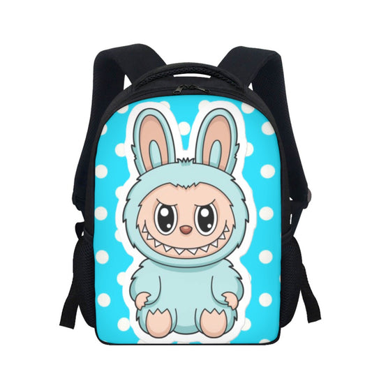 Backpack with a cartoon character in a bunny costume on a blue polka dot background