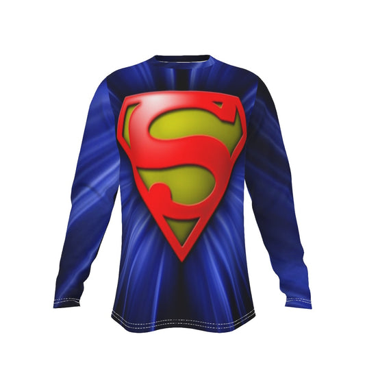 Superman logo on a blue shirt with a white background