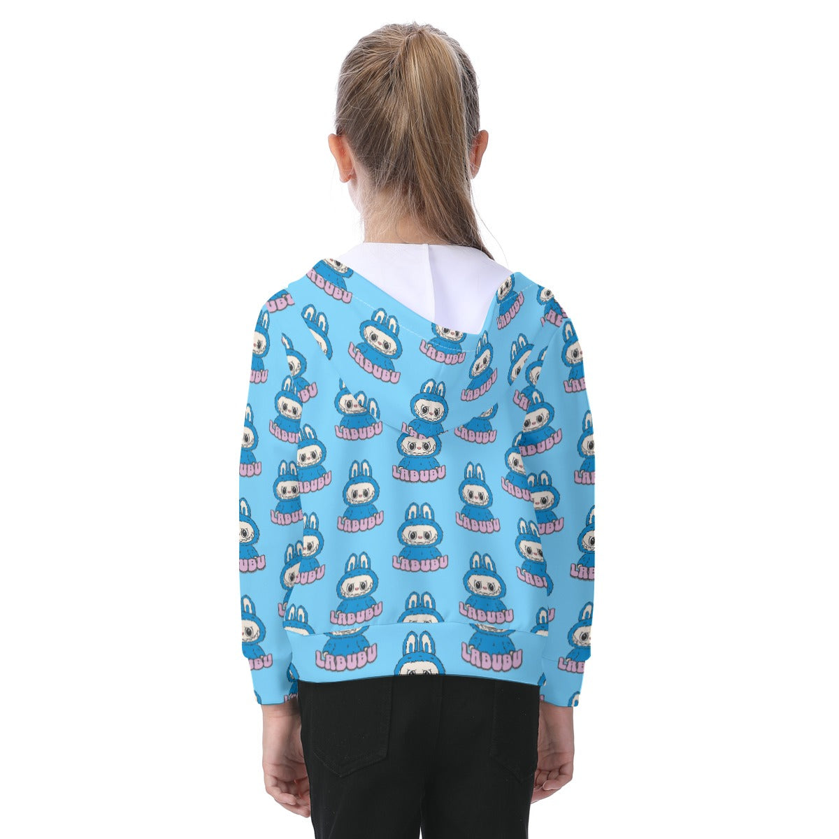 Person wearing a blue hoodie with cartoon character pattern on a white background
