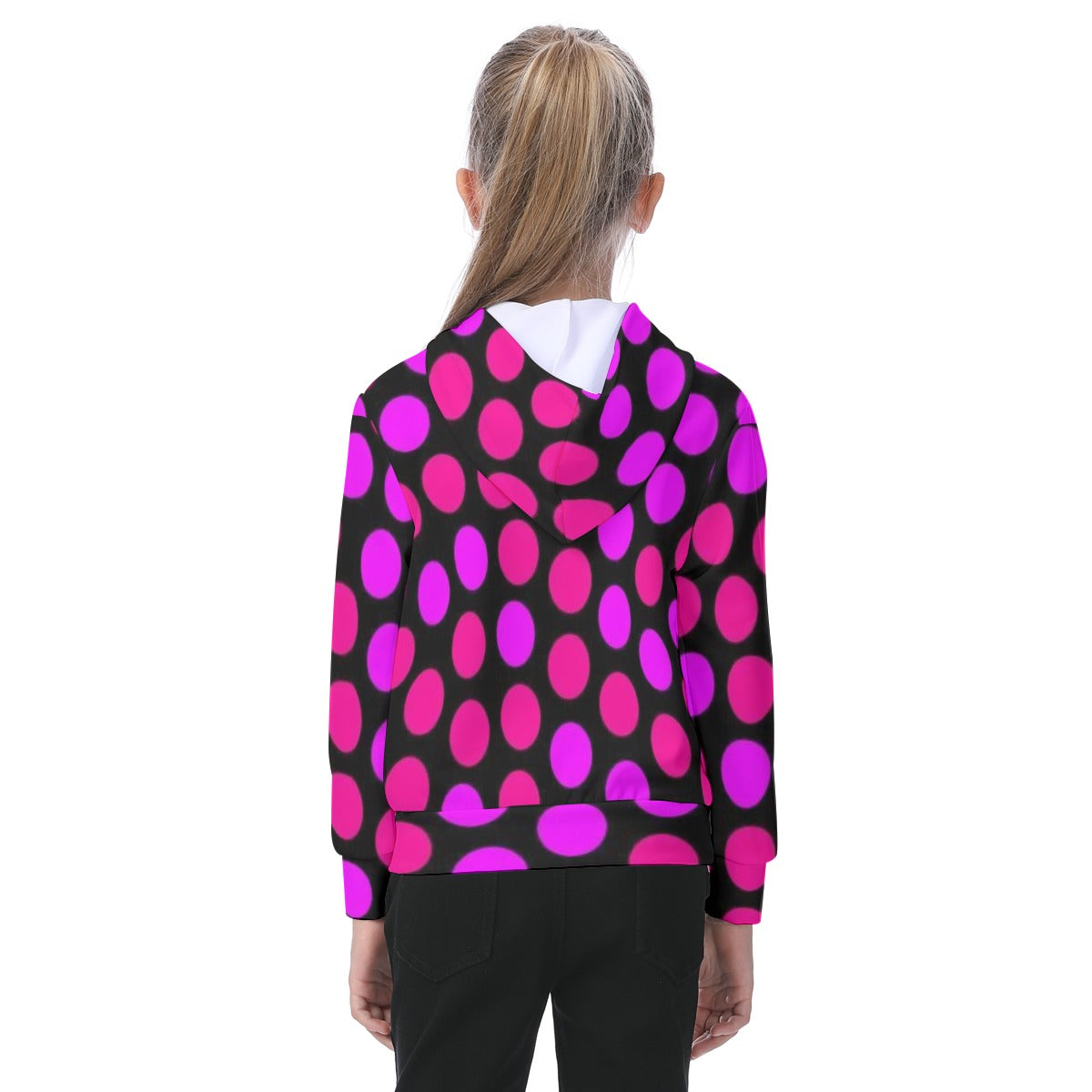 KSC's Exclusive/Custom- Young Girl's Hoodies-Black w/Hot Pink Polka Dots- Oversized Kid's Hoodie