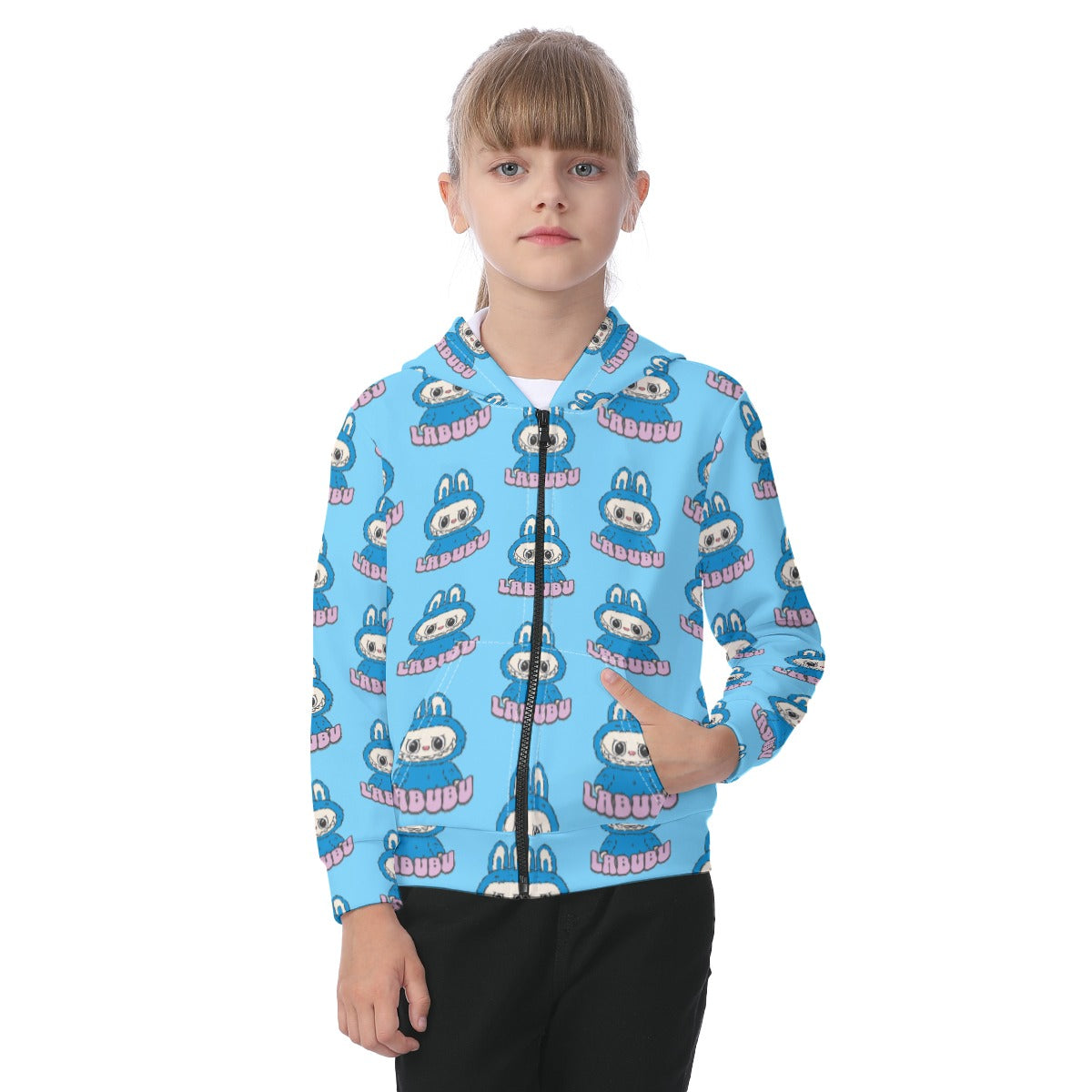 Child wearing a blue hoodie with cartoon character pattern on a white background