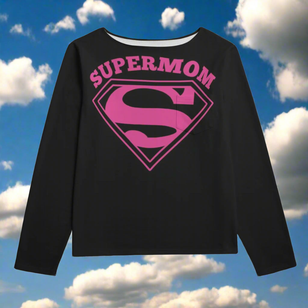 Black long-sleeve shirt with pink 'Supermom' graphic on a white background