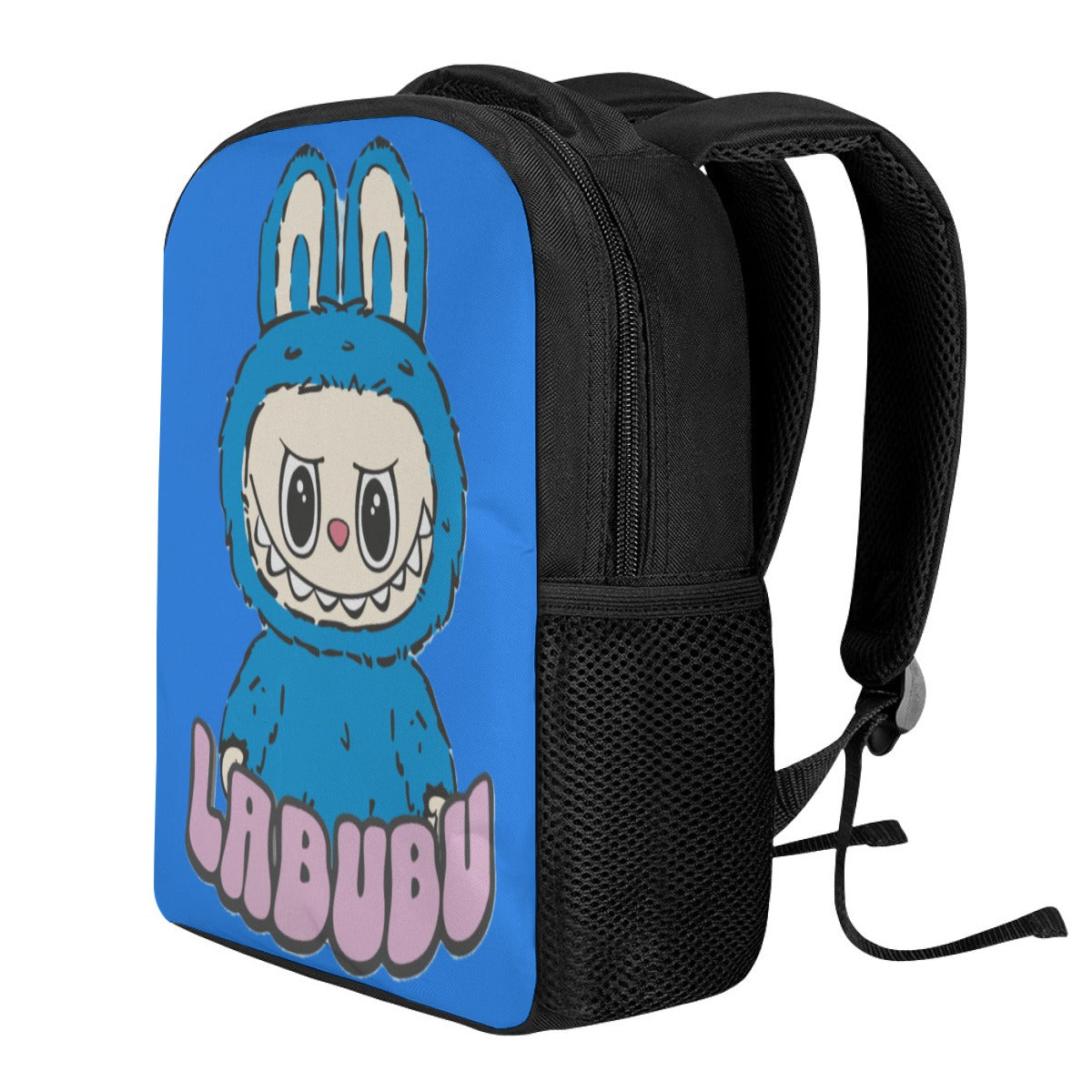 Black backpack with a cartoon character in a blue hood labeled 'LABUBU' on a blue background