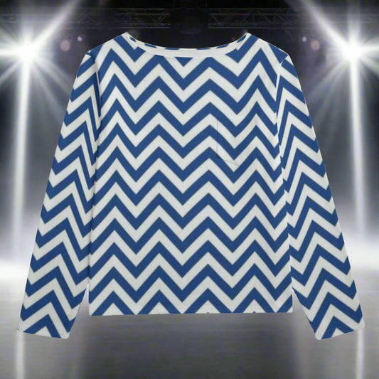 Blue and white chevron patterned top on a white background
