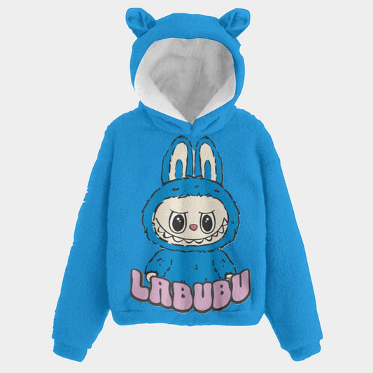 Blue hoodie with cartoon character and 'LABUBU' branding on a light gray background