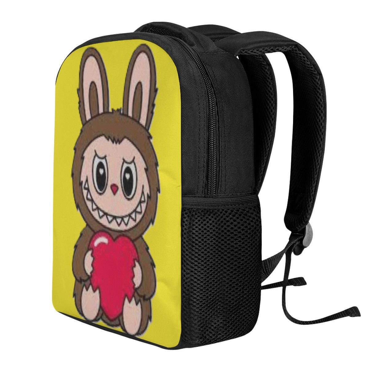 Backpack with a cartoon character holding a heart on a yellow background