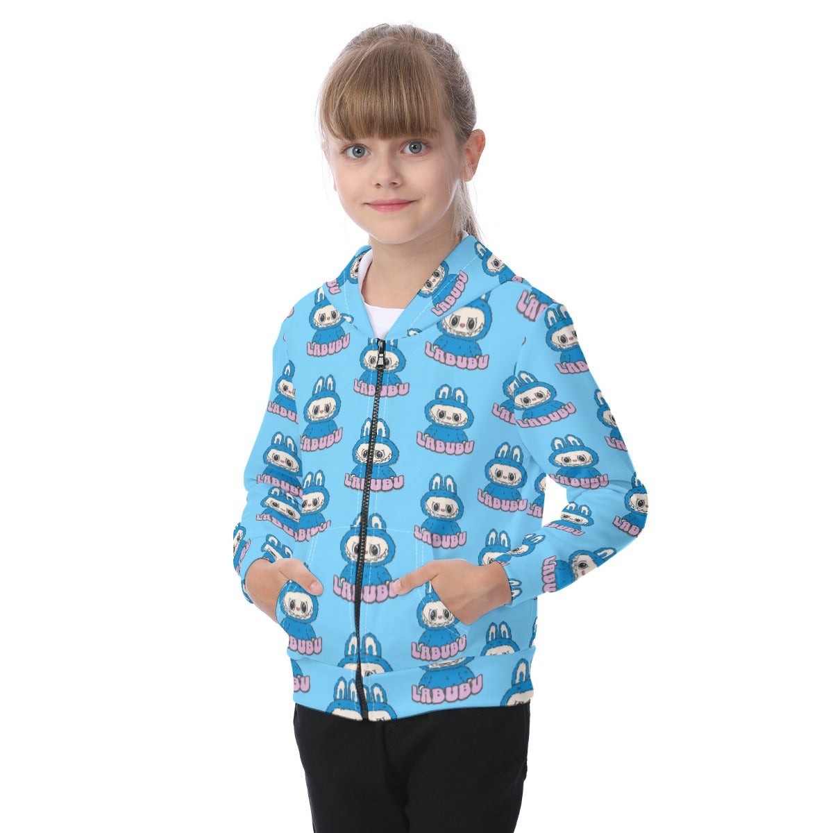 Child wearing a blue hoodie with cartoon character pattern on a white background