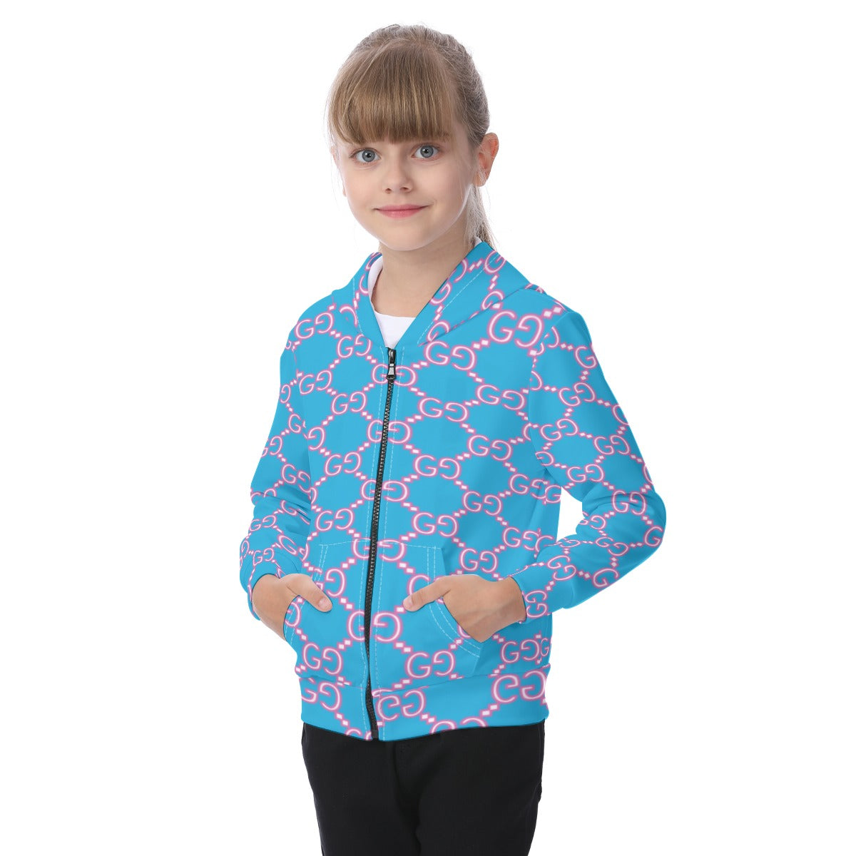KSC's Exclusive Designs Kid's Baby Blue Infinity Pattern Zip-up Hoodie With Patch Pocket