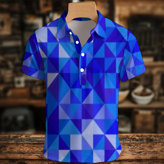 Blue geometric patterned shirt on a wooden hanger with a blurred background