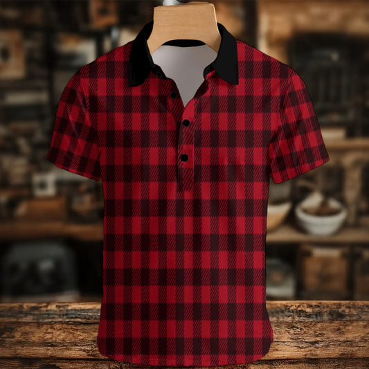 Red and black plaid shirt on a wooden hanger with a blurred rustic background