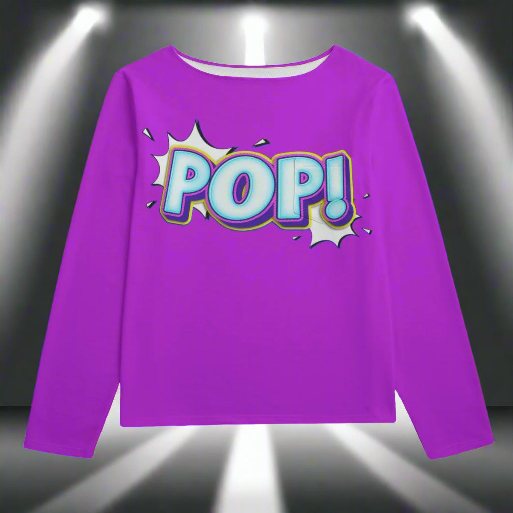 Purple long-sleeve shirt with 'POP!' graphic on a white background