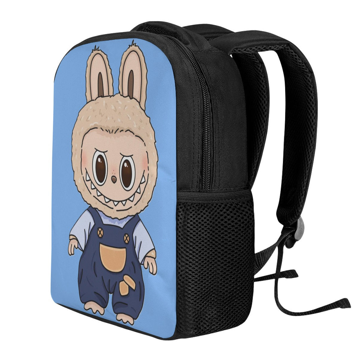 Black backpack with a cartoon character on a blue background
