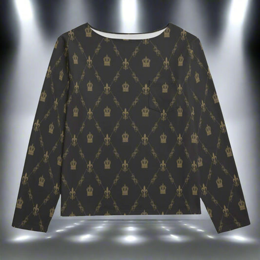 Black long-sleeve shirt with gold crown pattern on a white background