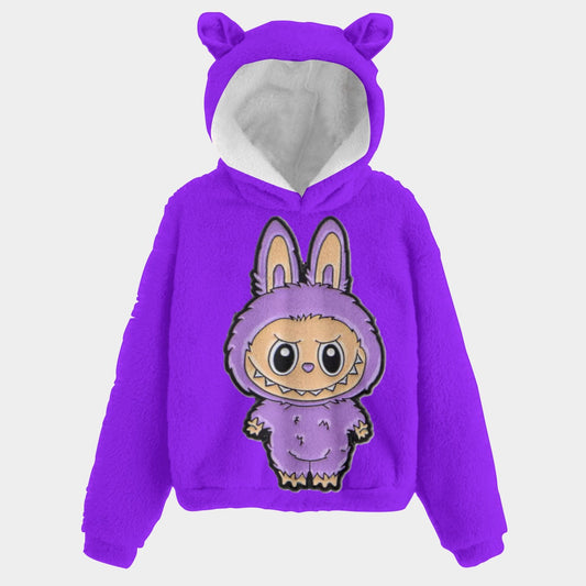 Purple hoodie with cartoon character on a white background