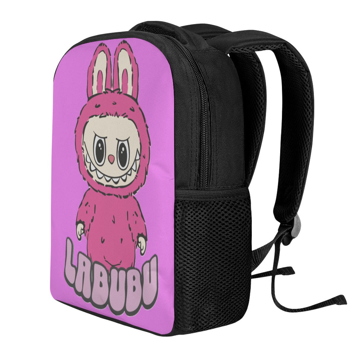 Black backpack with a pink character design and 'LABUBU' text on a white background