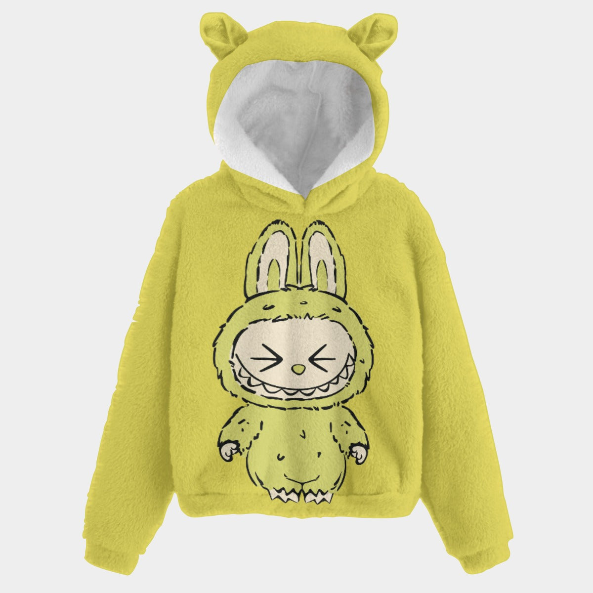 Yellow hoodie with cartoon character design on a white background