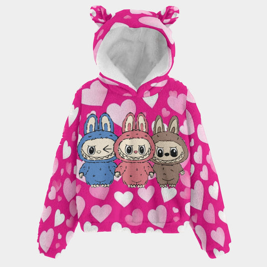 Pink hoodie with cartoon characters and heart patterns on a white background