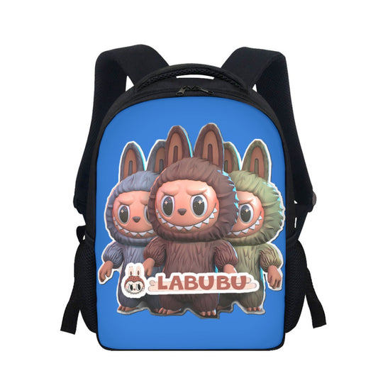 Backpack with cartoon characters and 'LABUBU' branding on a blue background