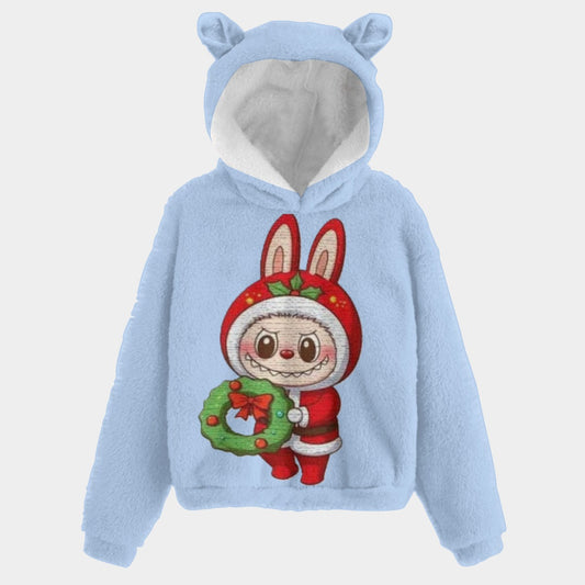 Light blue hoodie with a cartoon character holding a wreath on a white background