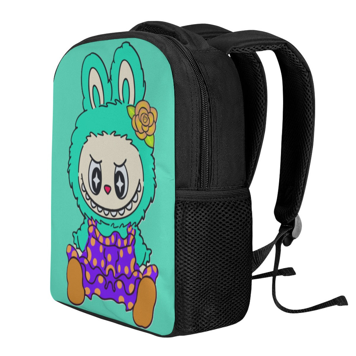 Black backpack with a cartoon character on a teal background