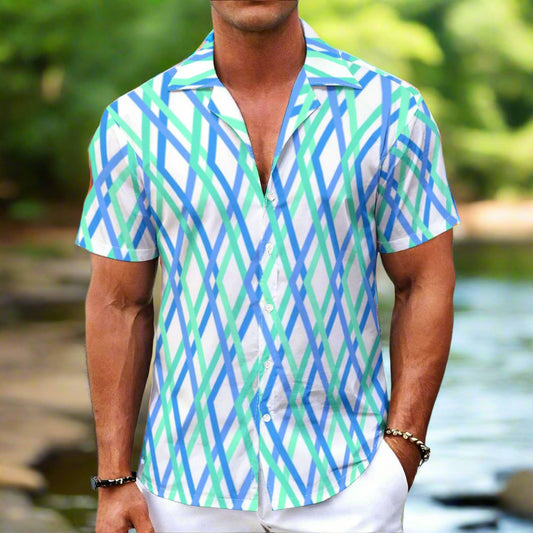 Man wearing a colorful geometric patterned shirt on a white background